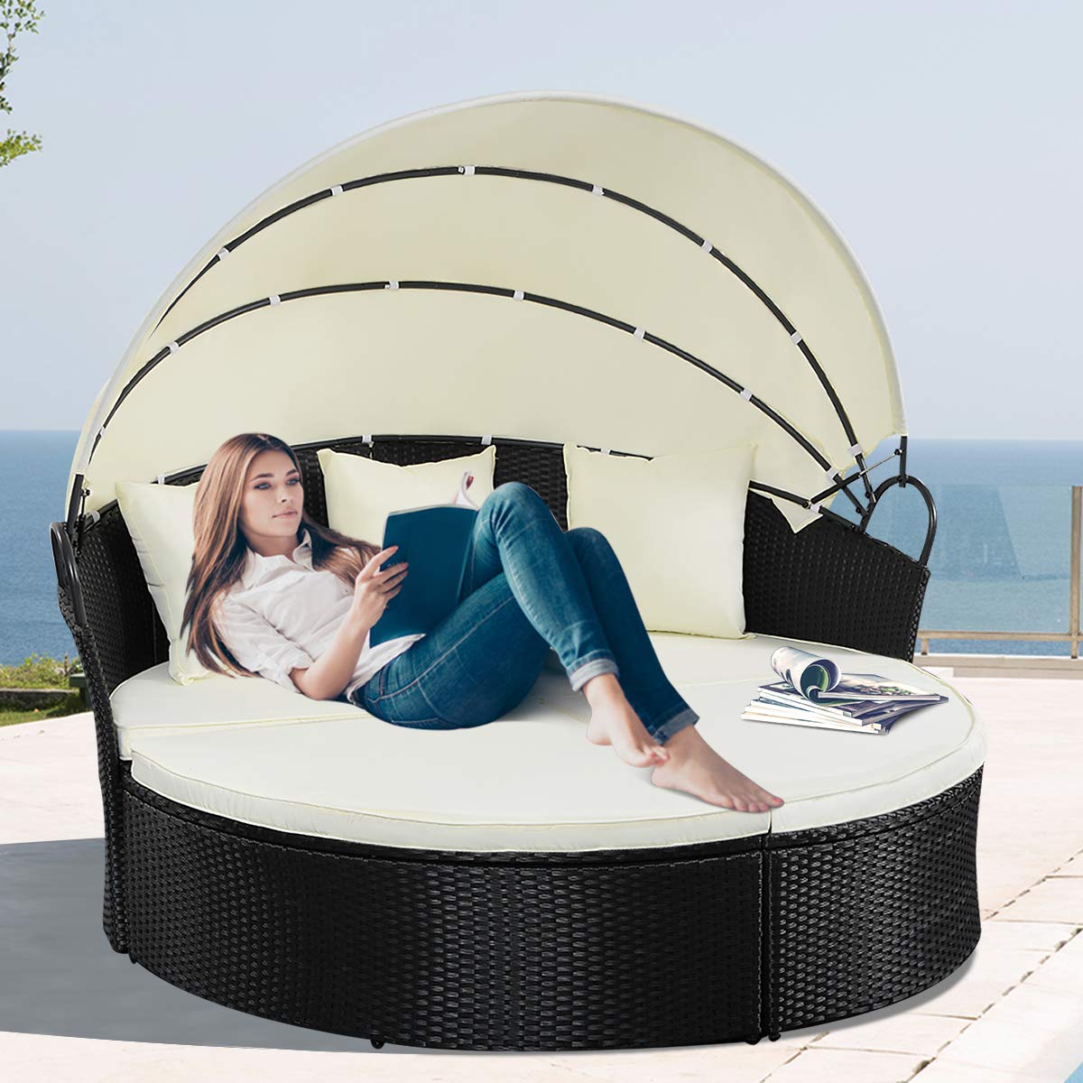 Tangkula Patio Furniture Outdoor Lawn Backyard Poolside Garden Round with Retractable Canopy Wicker Rattan 74" Diameter Round Daybed, Seating Separates Cushioned Seats (Without Table Round Bed)