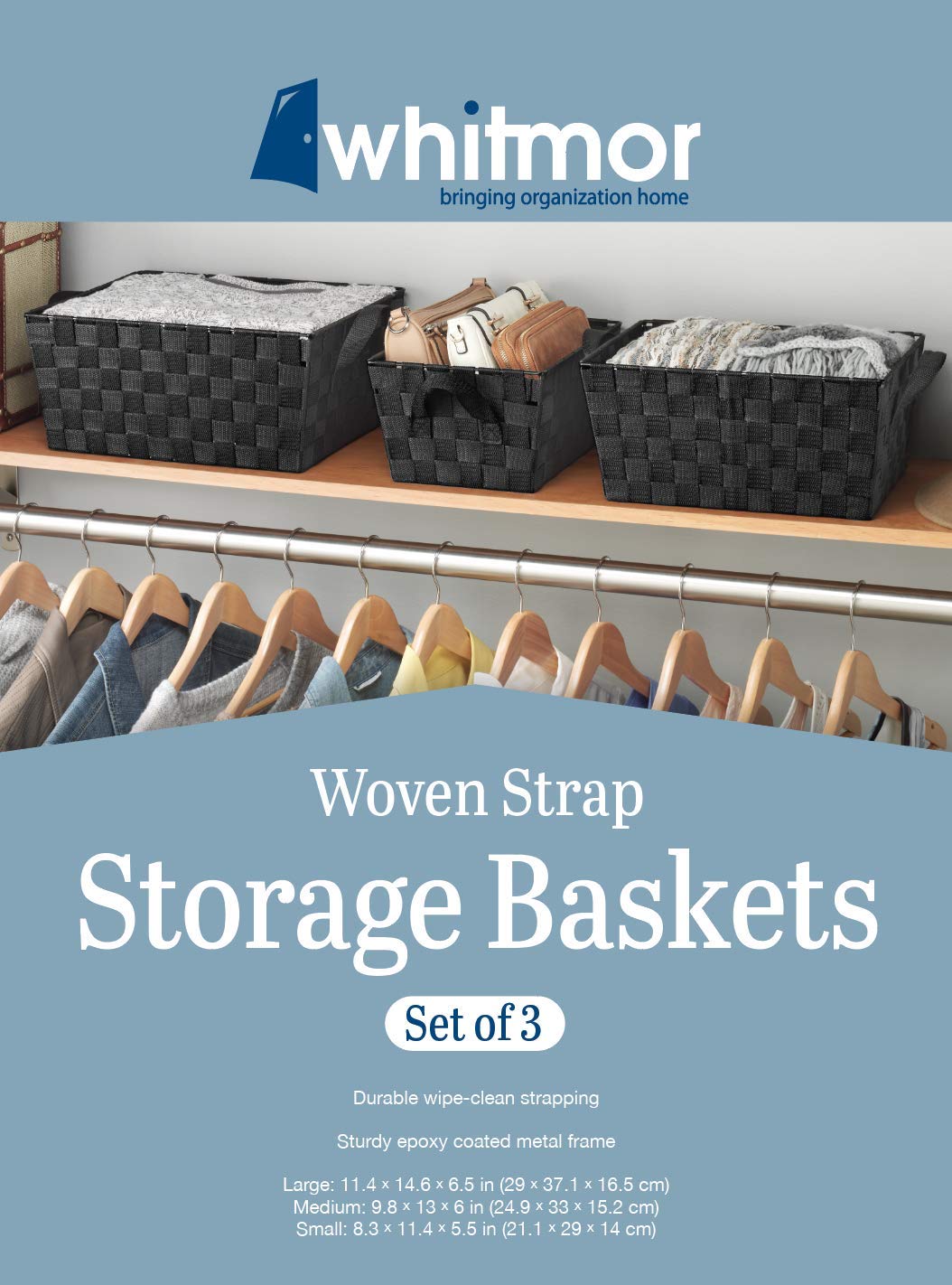 Whitmor Woven Strap Storage Baskets Set of 3 Black