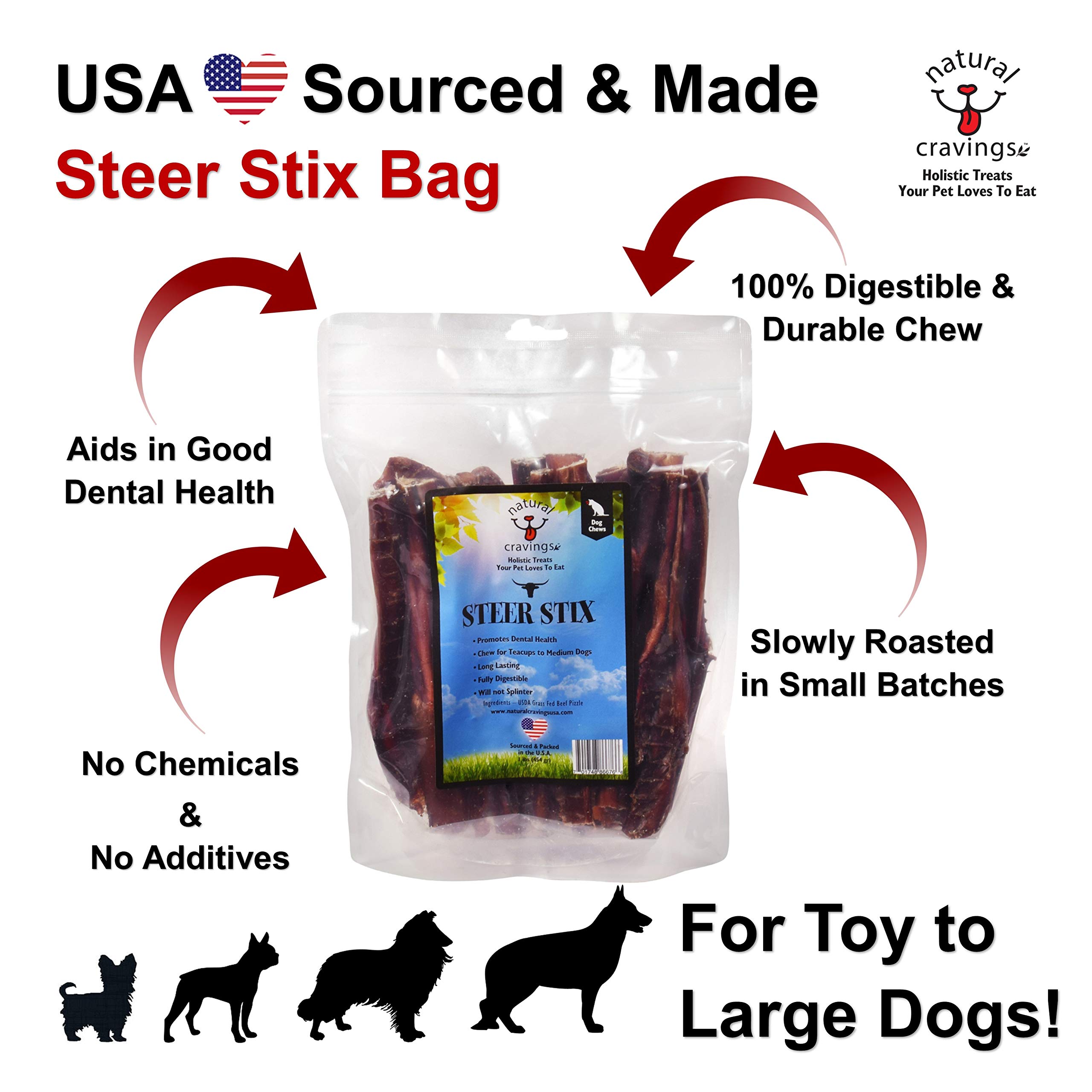 Natural Cravings Steer Stix Bully Sticks Dog Chews | 20-22 Sticks, 12 oz. Bag | Product of USA - Odor Free