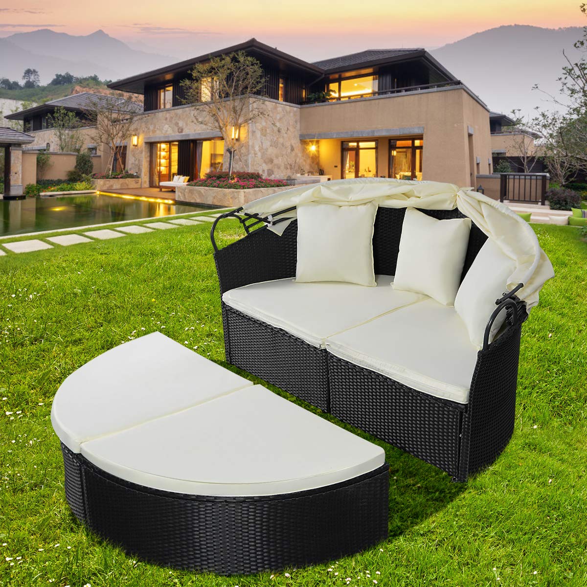 Tangkula Patio Furniture Outdoor Lawn Backyard Poolside Garden Round with Retractable Canopy Wicker Rattan 74" Diameter Round Daybed, Seating Separates Cushioned Seats (Without Table Round Bed)