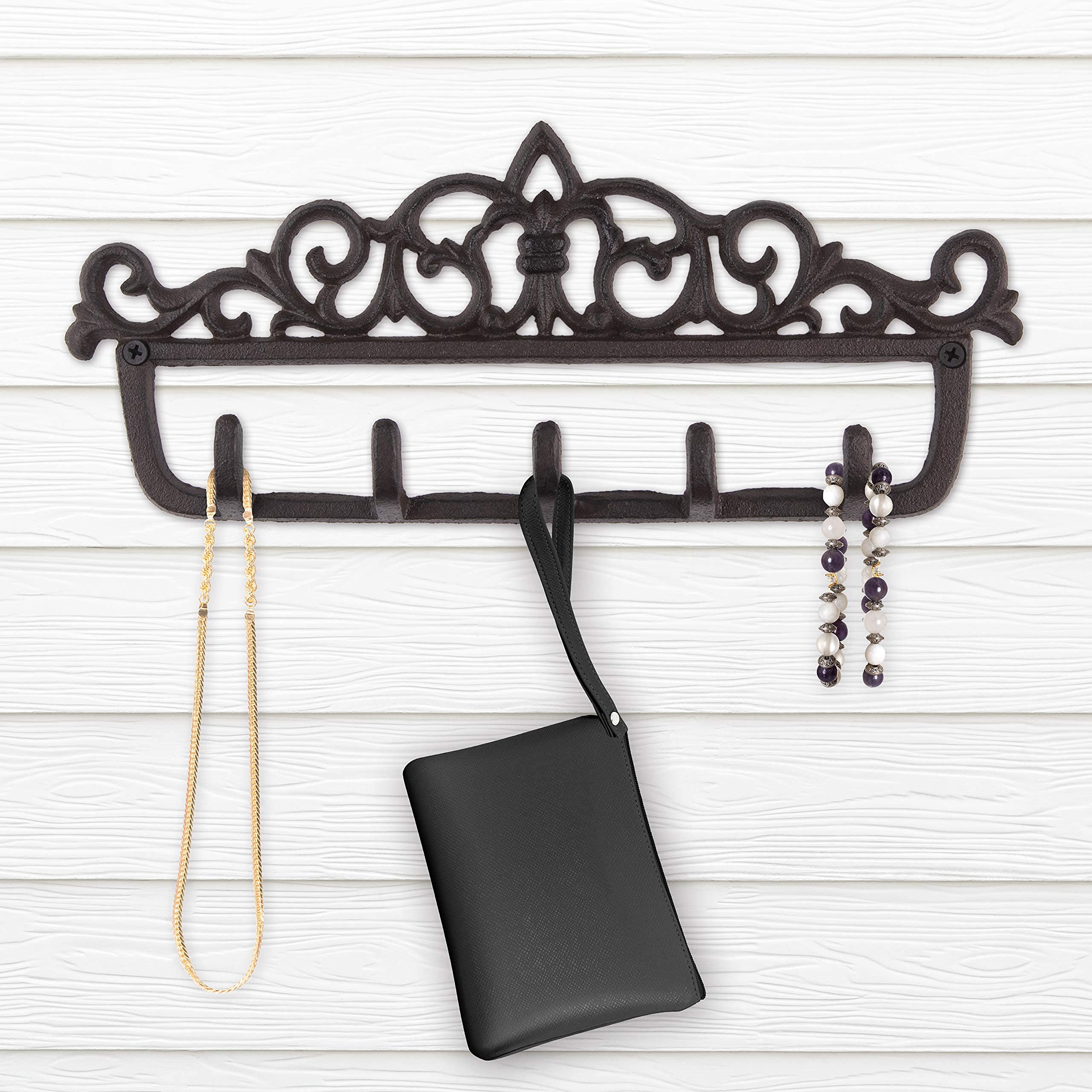 GASARÉ, Key Holder for Wall Mount, Cast Iron Key Hook, Key Rack, Victorian Design, Screws and Anchors, Large Size of 12½ x 5¼ Inches, Brown, 1 Unit