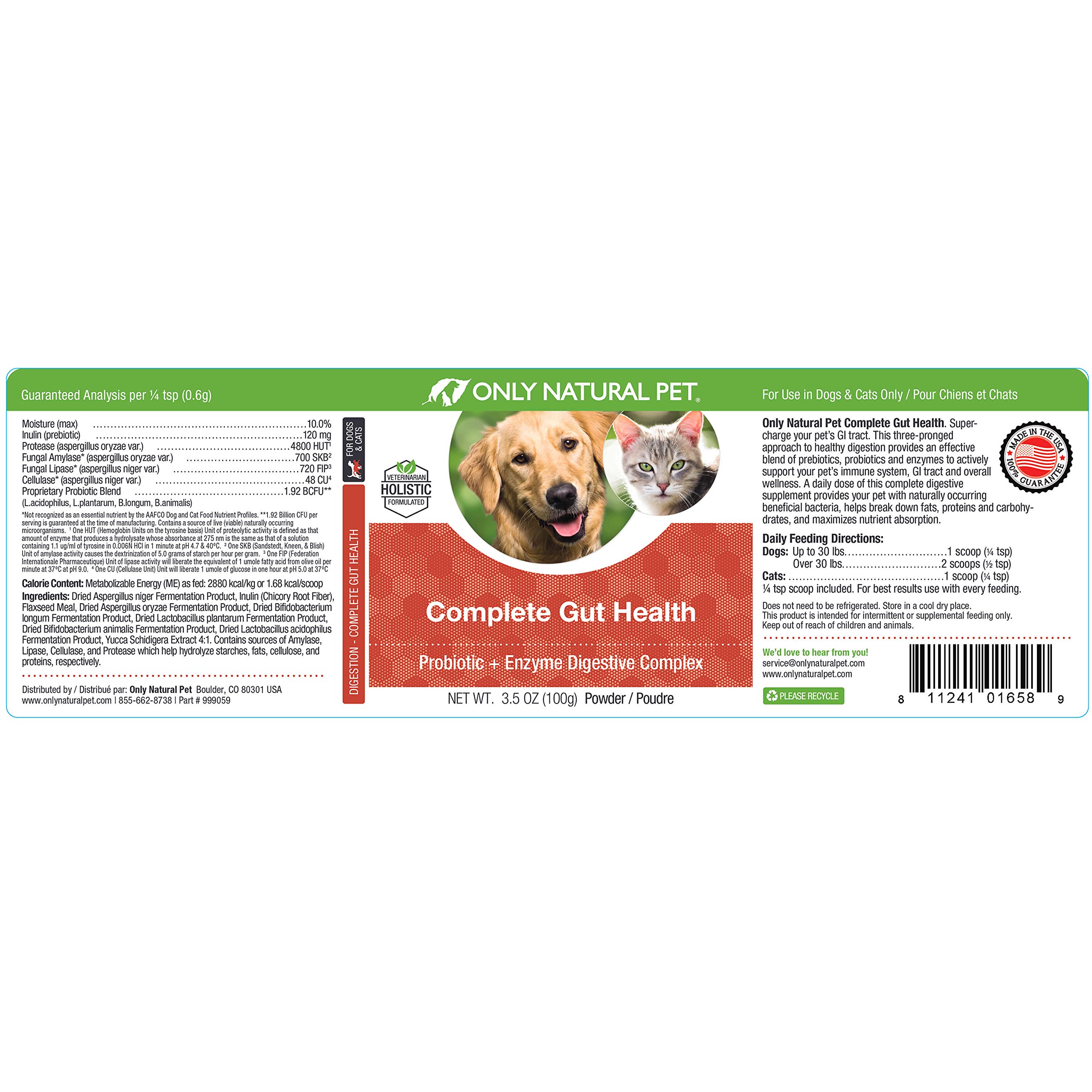 Only Natural Pet Complete Gut Health Complex - Probiotics & Digestive Enzyme Supplement for Dogs & Cats - Promotes Healthy Digestion, Immune System, Nutrient Absorption - Made in USA -3.5oz Powder