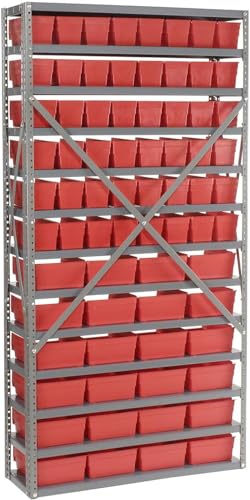 Global Industrial 13 Shelf Steel Shelving with (72) 4" H Plastic Shelf Bins, Red, 36x12x72