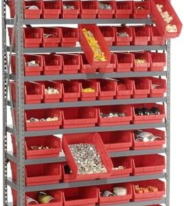 Global Industrial 13 Shelf Steel Shelving with (72) 4" H Plastic Shelf Bins, Red, 36x12x72