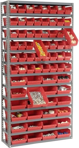 Global Industrial 13 Shelf Steel Shelving with (72) 4" H Plastic Shelf Bins, Red, 36x12x72