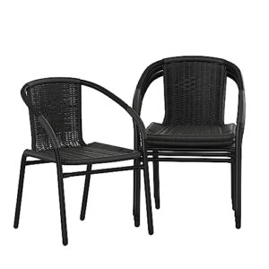 flash furniture lila modern rattan indoor/outdoor stackable dining chairs, stacking rattan bistro chairs for patio or restaurant, set of 4, black