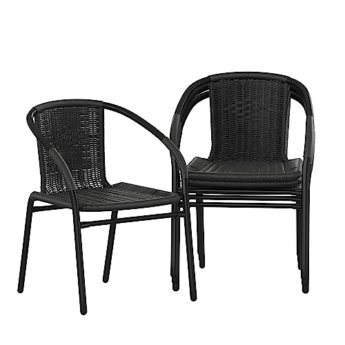 Flash Furniture Lila Modern Rattan Indoor/Outdoor Stackable Dining Chairs, Stacking Rattan Bistro Chairs for Patio or Restaurant, Set of 4, Black