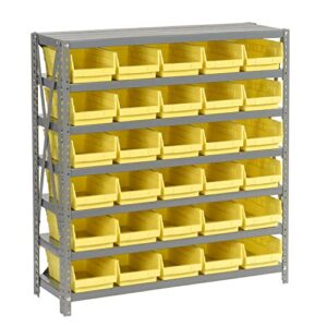 global industrial 7 shelf steel shelving with (30) 4" h plastic shelf bins, yellow, 36x12x39