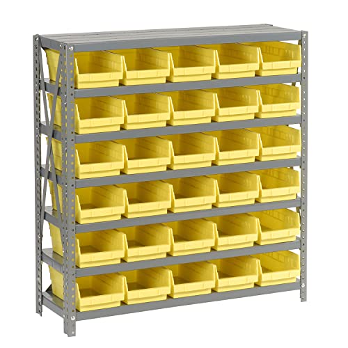 Global Industrial 7 Shelf Steel Shelving with (30) 4" H Plastic Shelf Bins, Yellow, 36x12x39