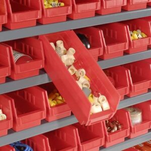 Global Industrial 13 Shelf Steel Shelving with (72) 4" H Plastic Shelf Bins, Red, 36x12x72