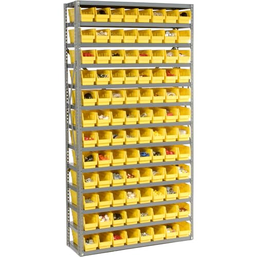 Global Industrial 13 Shelf Steel Shelving with (96) 4" H Plastic Shelf Bins, Yellow, 36x12x72