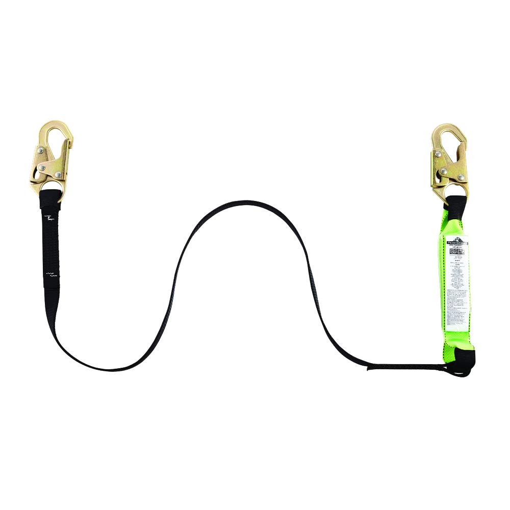 Peakworks Fall Protection Shock Absorbing, Safety Lanyard with Shock Pack and 2 Snap Hooks, 6 ft. Length, Black/Green, V8104306