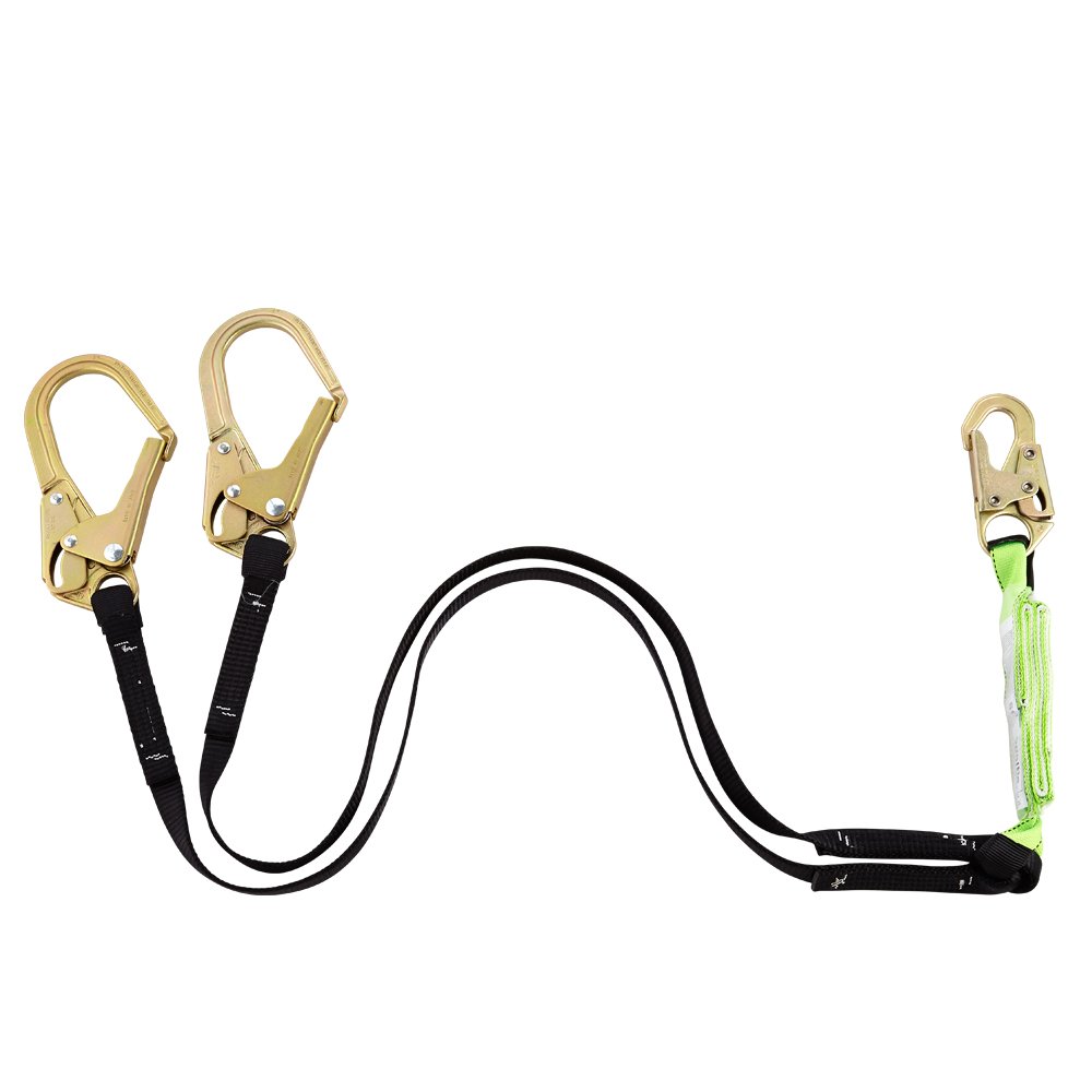 Peakworks Fall Protection Shock Absorbing, Double Leg Safety Lanyard with Shock Pack, Snap Hook and 2 Rebar Hooks, 6 ft. Length, Black/Green, V8104426, Twin Leg