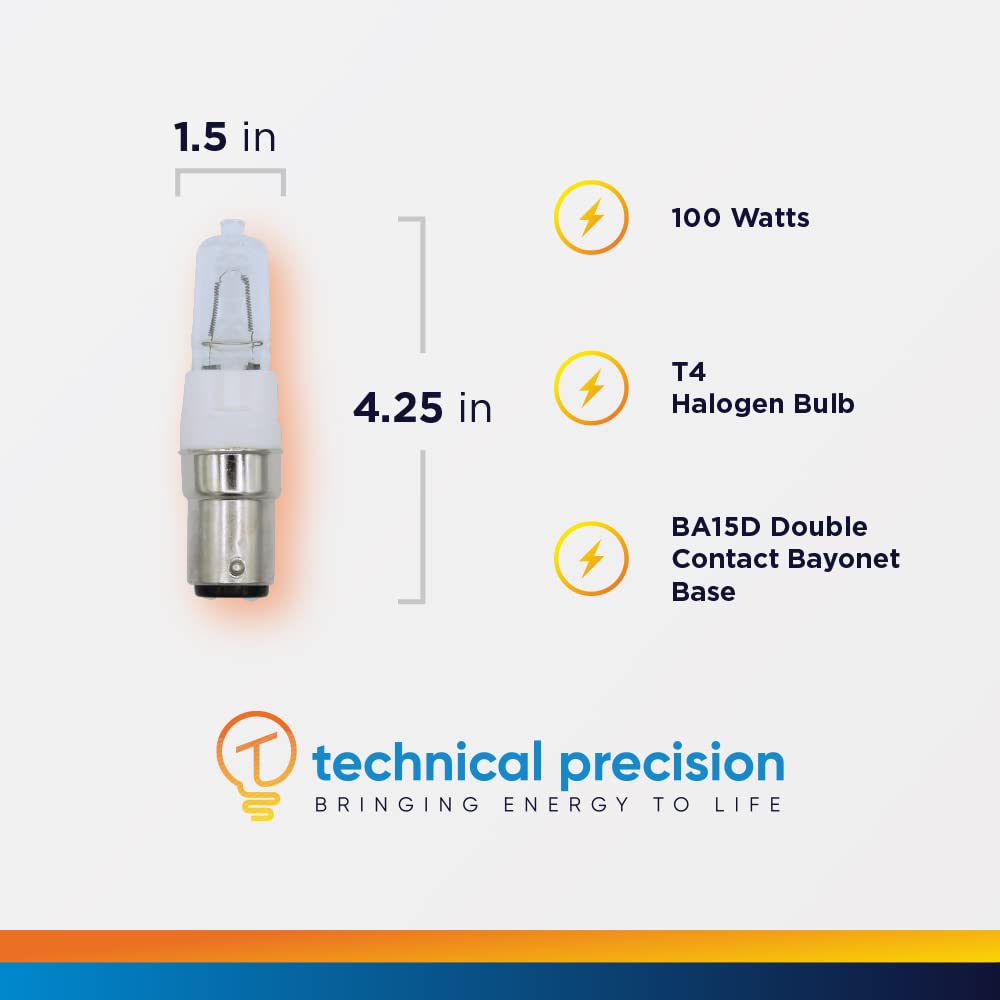 T4 Halogen Bulb 100W 120V Replacement for Sylvania 100Q/CL/DC/64475/Osram 120V by Technical Precision - BA15D Double Contact Bayonet base - 2900K - 2000 Hours Rated Life - 1500 Lumens - Clear - 1 Pack