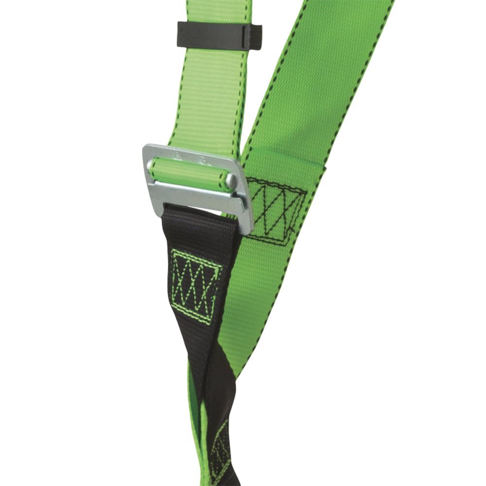 Peakworks Fall Protection Full Body Safety Harness, 5-Point Adjustment with Fall Indicator, Back & Shoulder D-Rings, Pass Thru Leg Buckles, Hi Vis Green/Black, Universal Fit, V8002030