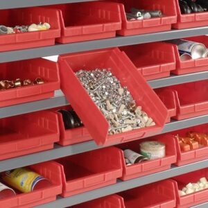 Global Industrial 13 Shelf Steel Shelving with (72) 4" H Plastic Shelf Bins, Red, 36x12x72