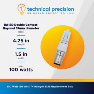 T4 Halogen Bulb 100W 120V Replacement for Sylvania 100Q/CL/DC/64475/Osram 120V by Technical Precision - BA15D Double Contact Bayonet base - 2900K - 2000 Hours Rated Life - 1500 Lumens - Clear - 1 Pack