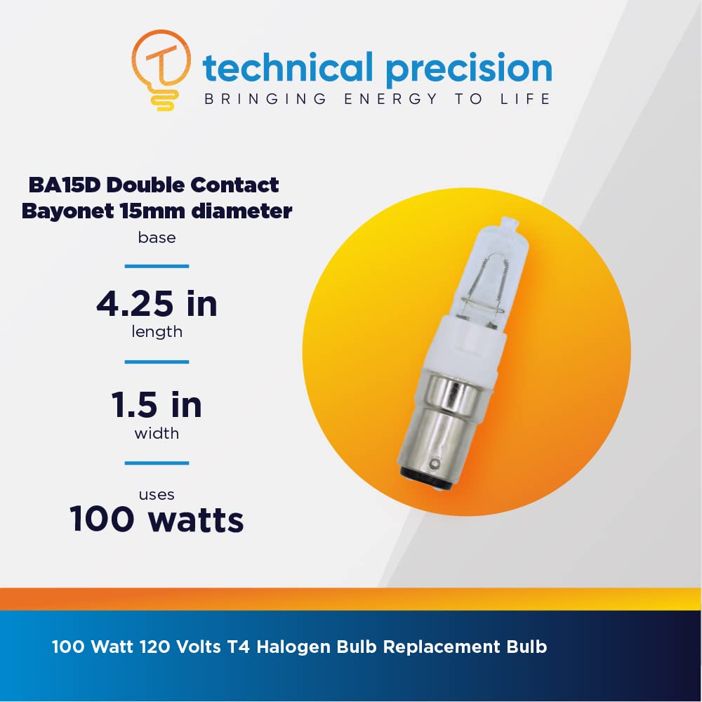 T4 Halogen Bulb 100W 120V Replacement for Sylvania 100Q/CL/DC/64475/Osram 120V by Technical Precision - BA15D Double Contact Bayonet base - 2900K - 2000 Hours Rated Life - 1500 Lumens - Clear - 1 Pack