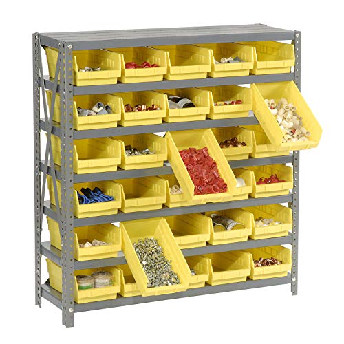 Global Industrial 7 Shelf Steel Shelving with (30) 4" H Plastic Shelf Bins, Yellow, 36x12x39