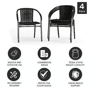 Flash Furniture Lila Modern Rattan Indoor/Outdoor Stackable Dining Chairs, Stacking Rattan Bistro Chairs for Patio or Restaurant, Set of 4, Black