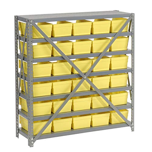 Global Industrial 7 Shelf Steel Shelving with (30) 4" H Plastic Shelf Bins, Yellow, 36x12x39