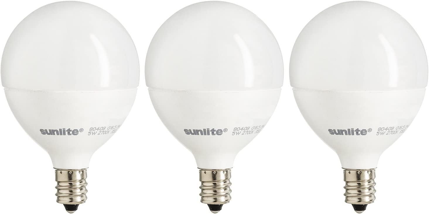 Sunlite 40295 LED G16.5 Globe Light Bulb, 5 Watts (40W Equivalent), 350 Lumens, 2700K Soft White, Dimmable, Candelabra E12 Base, Short Bulbs, Vanity Bulbs, Energy Star Listed, Frosted, 3 Count