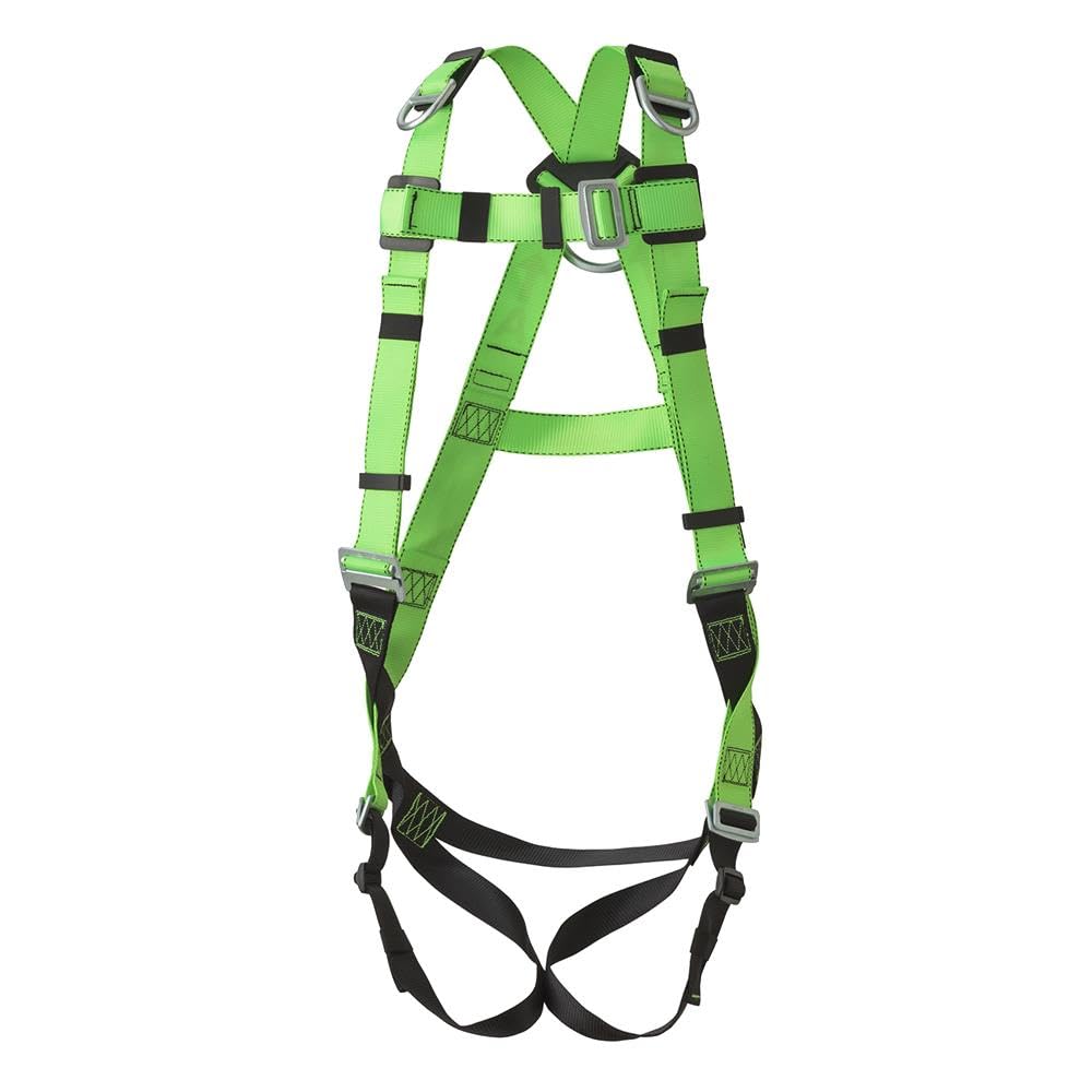 Peakworks Fall Protection Full Body Safety Harness, 5-Point Adjustment with Fall Indicator, Back & Shoulder D-Rings, Pass Thru Leg Buckles, Hi Vis Green/Black, Universal Fit, V8002030