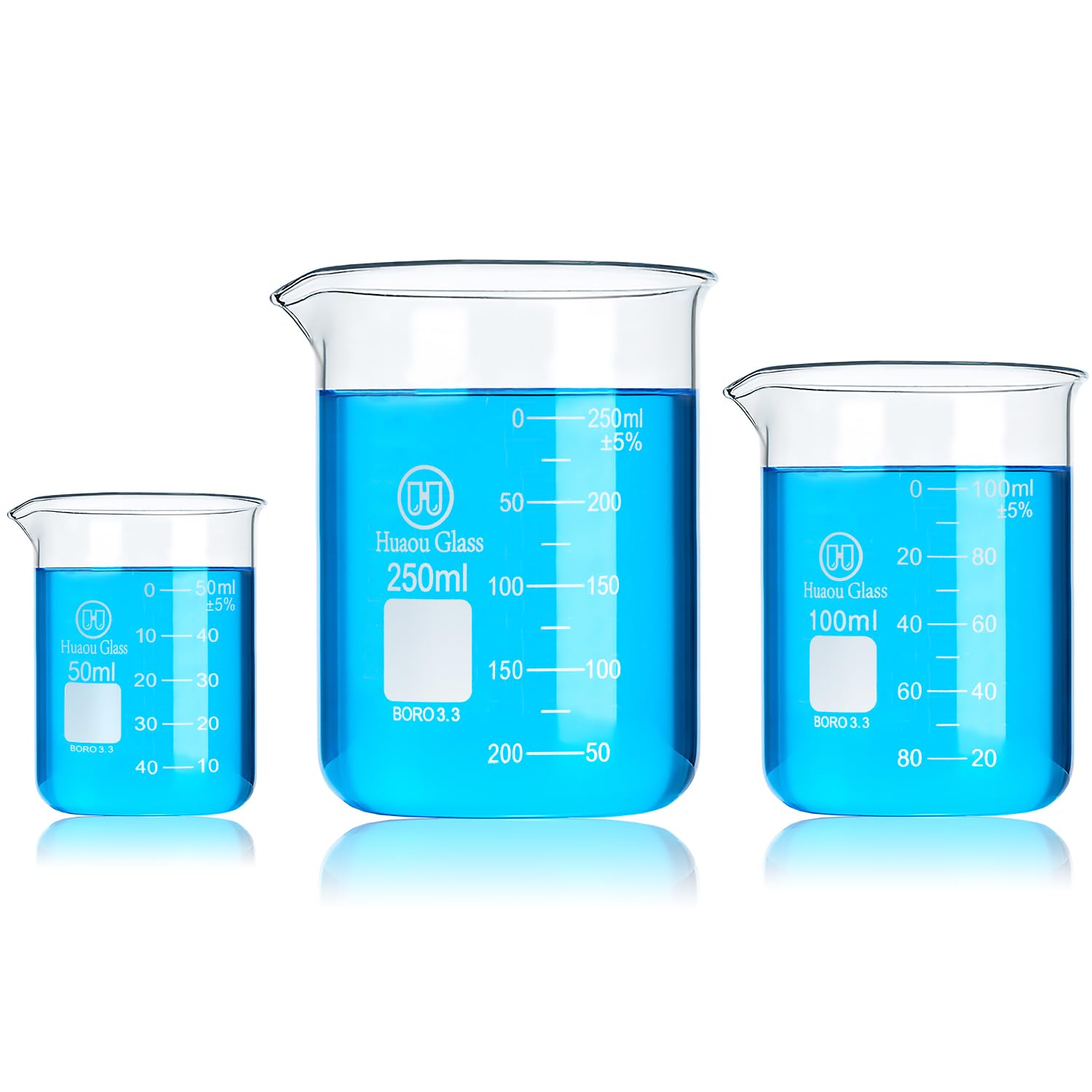 HUAOU Glass Beakers Set, 50ml 100ml 250ml Lab Glassware Beaker with Double Scale, Low Form 3.3 Boro Science Chemistry Measuring Beakers (3pcs)