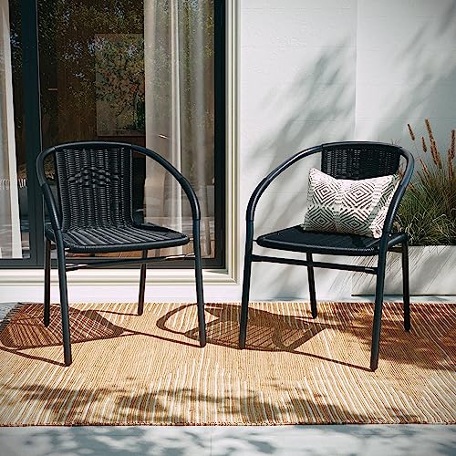 Flash Furniture Lila Modern Rattan Indoor/Outdoor Stackable Dining Chairs, Stacking Rattan Bistro Chairs for Patio or Restaurant, Set of 4, Black