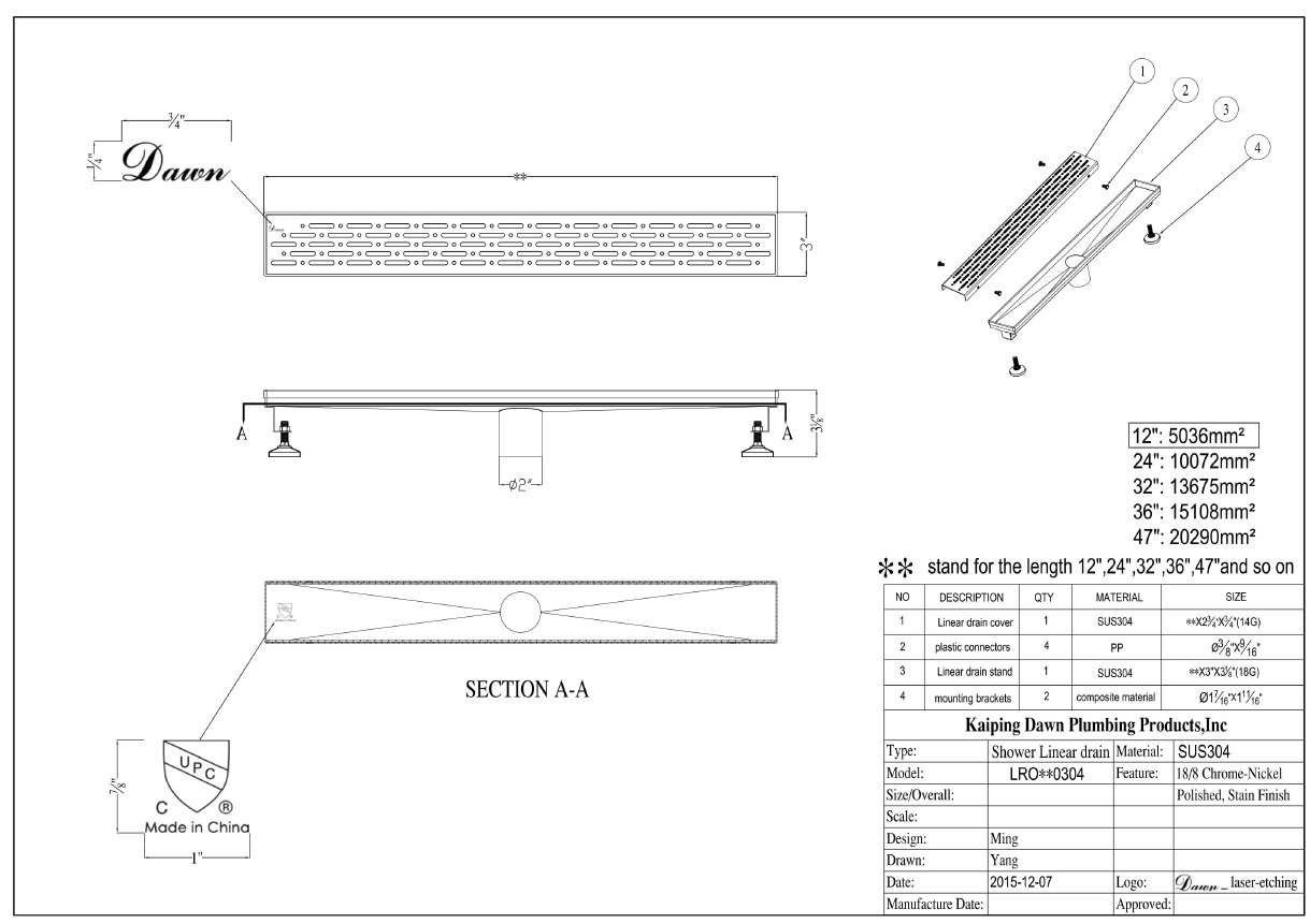 Dawn LRO360304 Contemporary Rio Orinoco River Series Linear Shower Drain, 36"