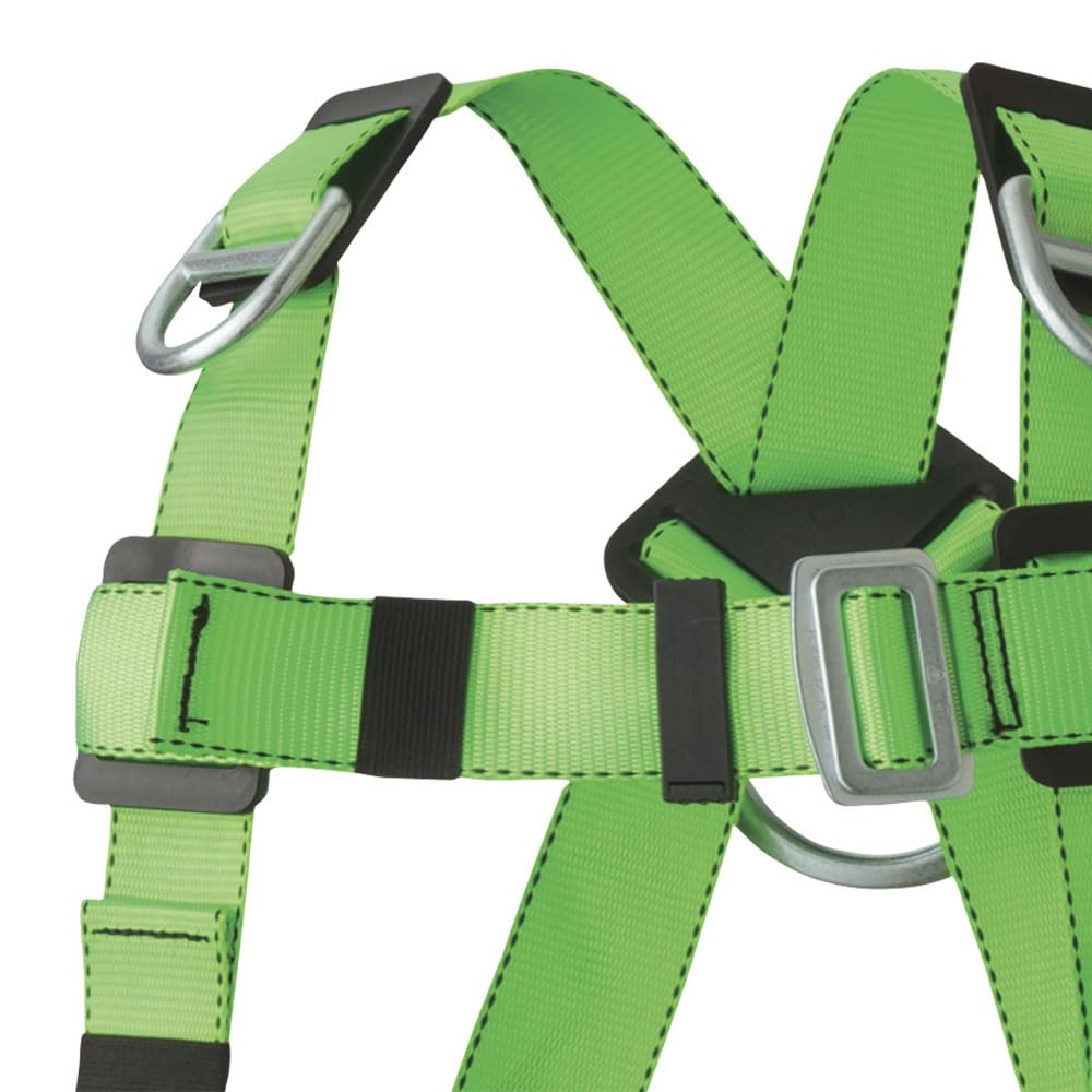 Peakworks Fall Protection Full Body Safety Harness, 5-Point Adjustment with Fall Indicator, Back & Shoulder D-Rings, Pass Thru Leg Buckles, Hi Vis Green/Black, Universal Fit, V8002030