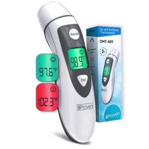 iproven thermometer for adults forehead and ear - fever alarm, 1 second reading, color temperature indicator, 20 readings memory recall, medical thermometer for adults kids and babies - dmt-489