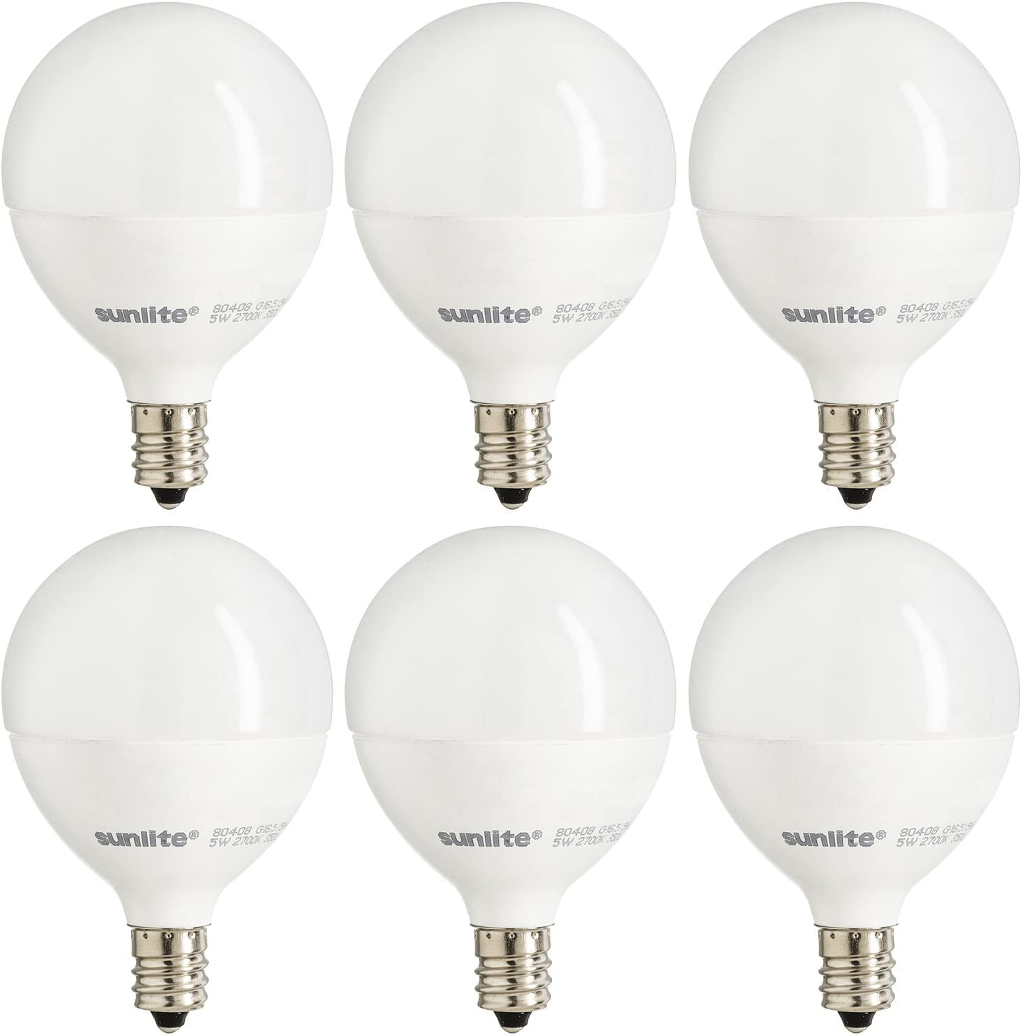 Sunlite G16.5 Light Bulb LED, 7 Watts (60W Equiv.), 500 Lumens, Dimmable, Type G Globe Shape E12 Candelabra Base, Short Bulbs, Vanity Mirror Bulbs, Energy Star, 2700K Soft White, Frosted, 6 Count