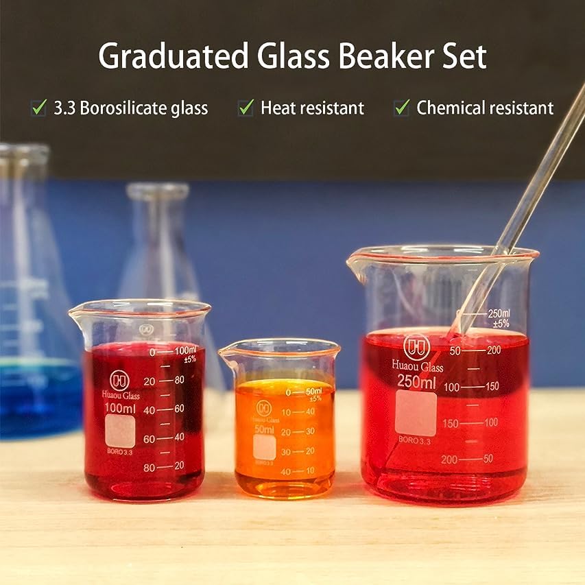 HUAOU Glass Beakers Set, 50ml 100ml 250ml Lab Glassware Beaker with Double Scale, Low Form 3.3 Boro Science Chemistry Measuring Beakers (3pcs)