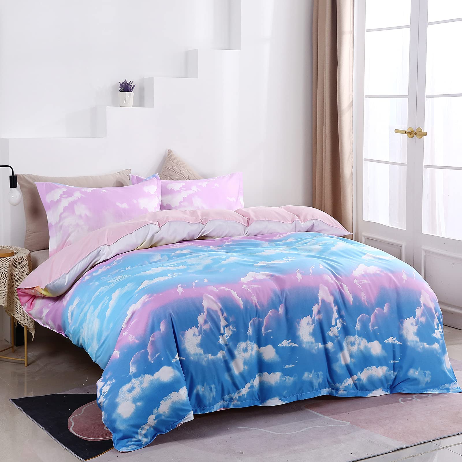 Mengersi Rainbow Duvet Cover Set Twin Size for Girls Cloud Sky Pink Blue Comforter Cover Bedding Set with Zipper Closure (1 Duvet Cover +1 Pillow Sham)