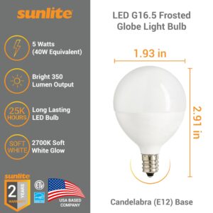 Sunlite 40295 LED G16.5 Globe Light Bulb, 5 Watts (40W Equivalent), 350 Lumens, 2700K Soft White, Dimmable, Candelabra E12 Base, Short Bulbs, Vanity Bulbs, Energy Star Listed, Frosted, 3 Count