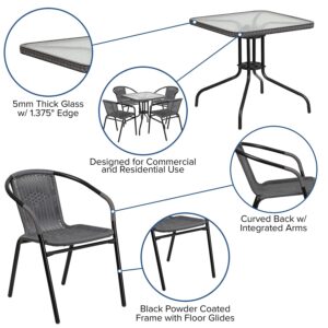 Flash Furniture 5-Piece 28" Square Indoor/Outdoor Patio Table and Chairs Set, Glass Metal Bistro Table and 4 Stacking Rattan Chairs, Gray