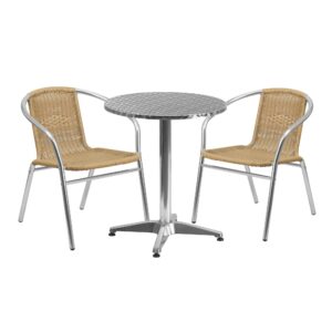 Flash Furniture Lila 23.5'' Round Aluminum Indoor-Outdoor Table Set with 2 Beige Rattan Chairs