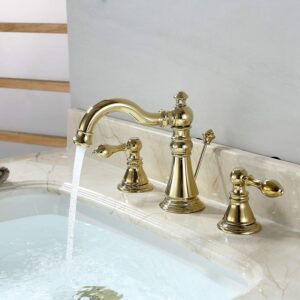 Derengge Gold Finish Bathroom Faucet 8 Inch Widespread Faucet Polished BrassTwo-Handle Sink Faucet 3 Hole with Brass Pop up Drain Assembly,Polished Brass F-8303-PB