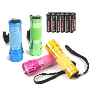 everbrite 4-pack mini led aluminum flashlight party favors colors assorted for hurricane supplies with handle glow in dark