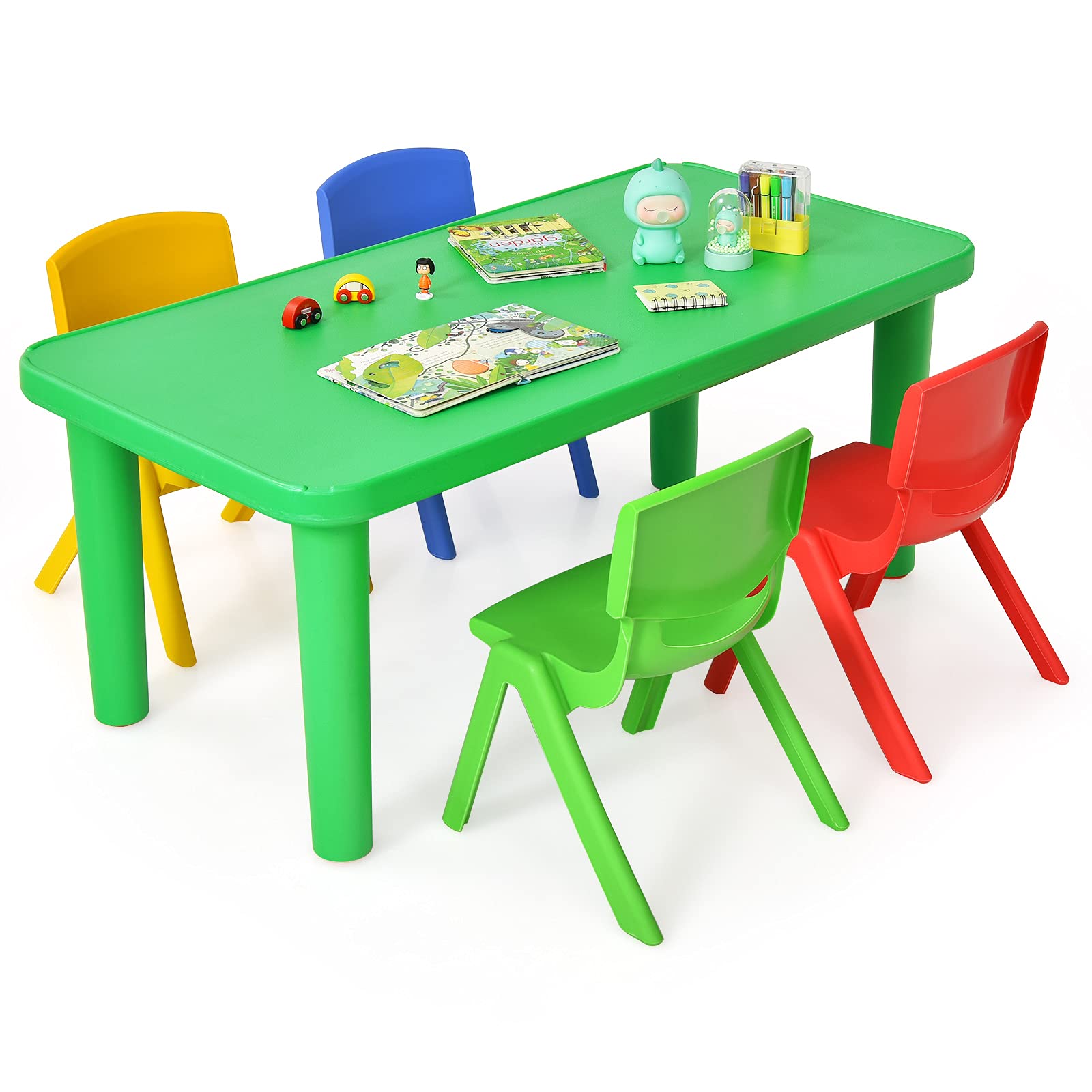 Costzon Kids Table and Chair Set, Plastic Learn and Play Activity Set, Colorful Stackable Chairs, Portable Table for School Home Play Room (Table & 4 Chairs)