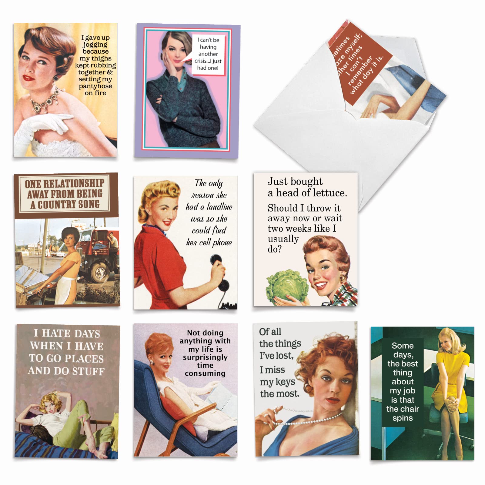 The Best Card Company - 10 Funny Birthday Cards Assorted (4 x 5.12 Inch) - Adult Retro Assortment, Boxed Greeting Cards with Envelopes - Hot Mess M6622BDG