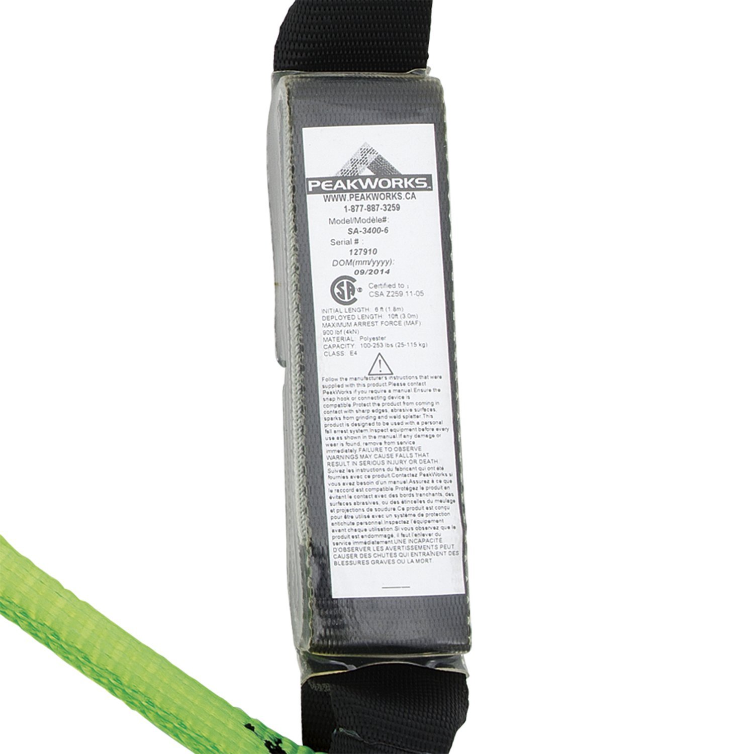 Peakworks Fall Protection Shock Absorbing, Safety Lanyard with Shock Pack and 2 Snap Hooks, 6 ft. Length, Black/Green, V8104306