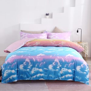 mengersi rainbow duvet cover set twin size for girls cloud sky pink blue comforter cover bedding set with zipper closure (1 duvet cover +1 pillow sham)