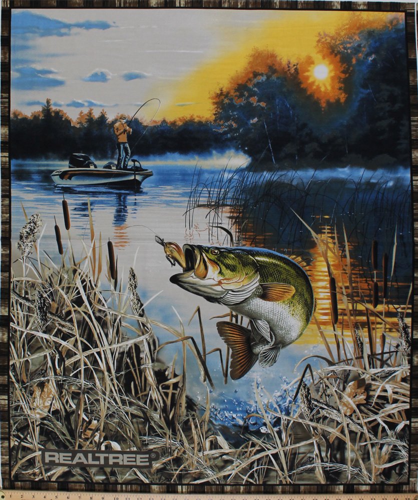 36" X 44" Panel Realtree Bass Fishing Fisherman Fish Scenic Cotton Fabric Panel (9939)