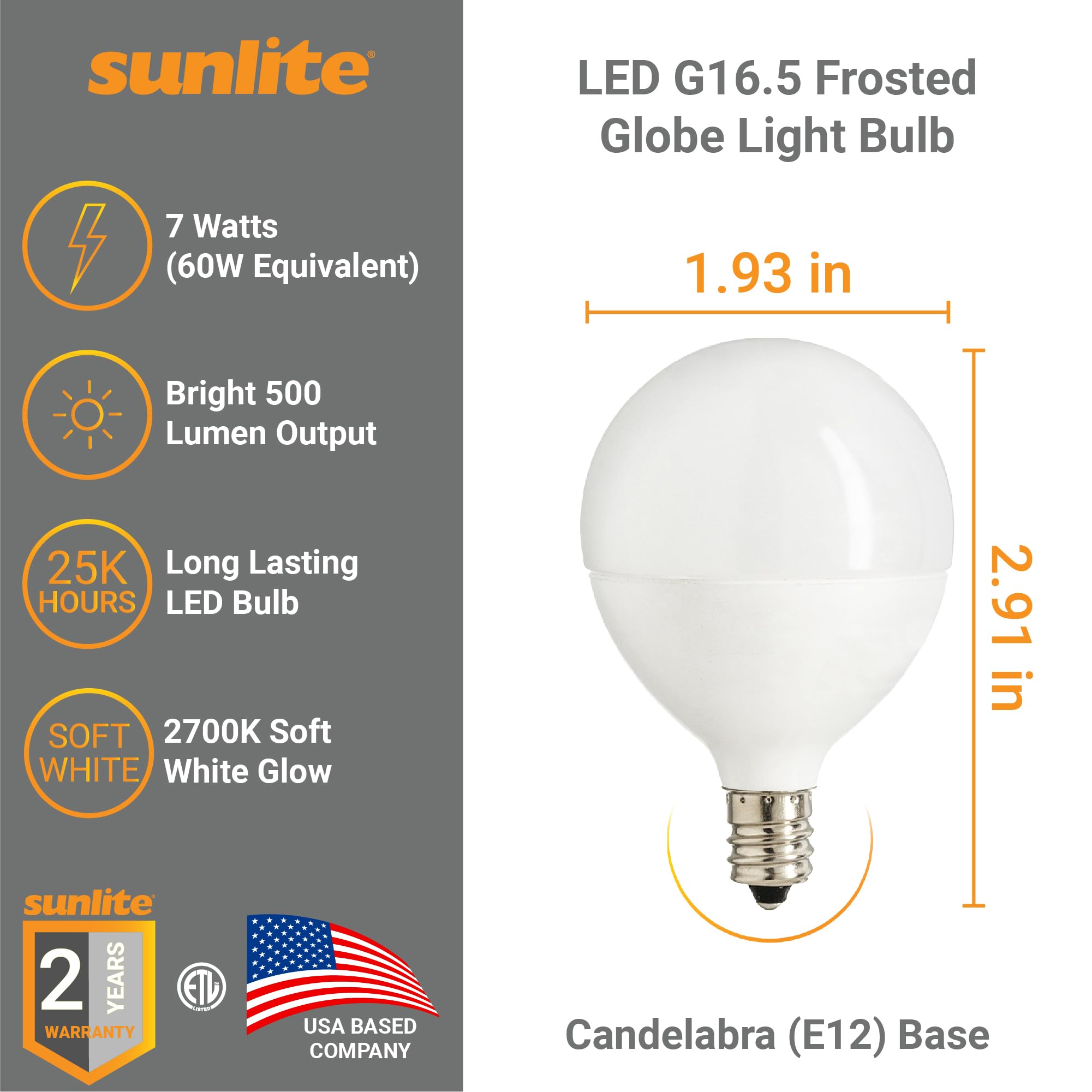 Sunlite G16.5 Light Bulb LED, 7 Watts (60W Equiv.), 500 Lumens, Dimmable, Type G Globe Shape E12 Candelabra Base, Short Bulbs, Vanity Mirror Bulbs, Energy Star, 2700K Soft White, Frosted, 6 Count