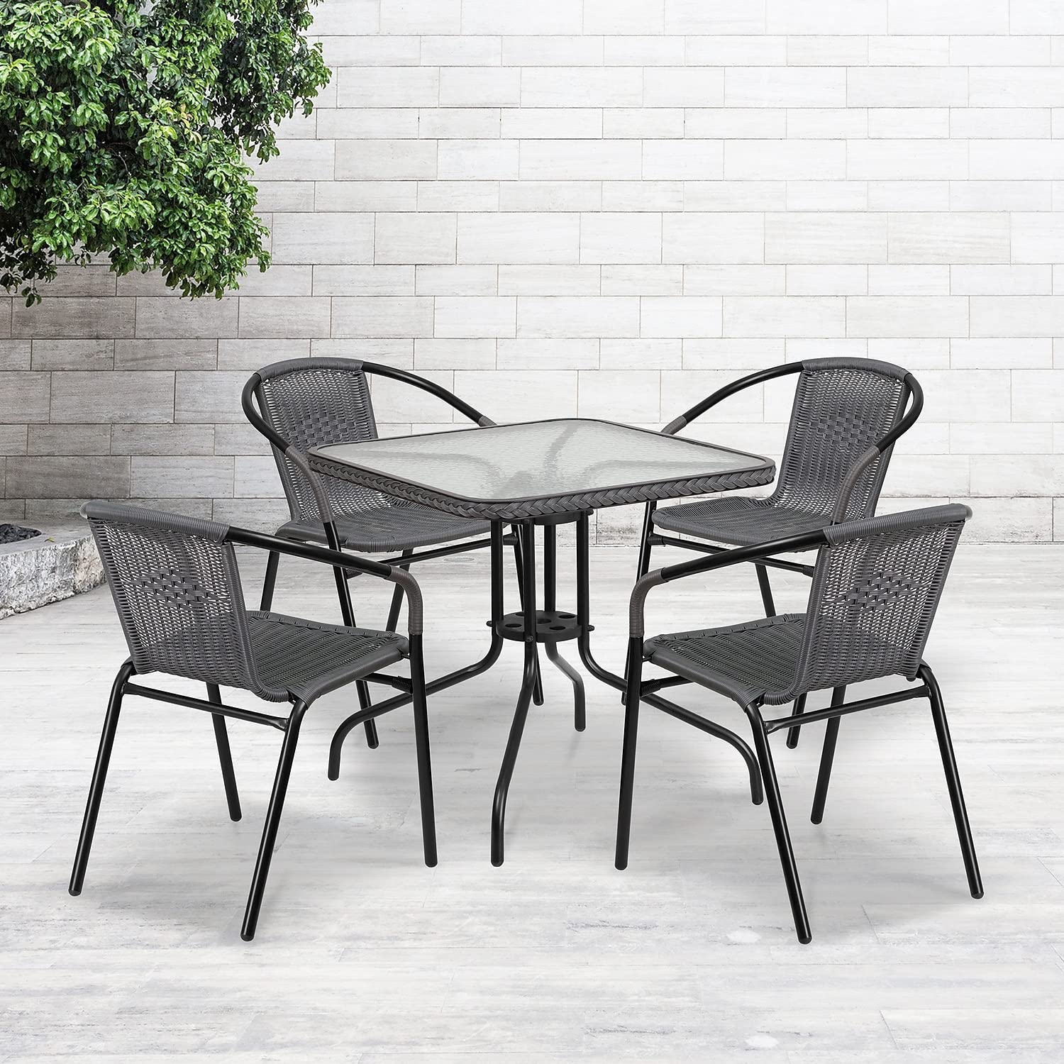 Flash Furniture 5-Piece 28" Square Indoor/Outdoor Patio Table and Chairs Set, Glass Metal Bistro Table and 4 Stacking Rattan Chairs, Gray