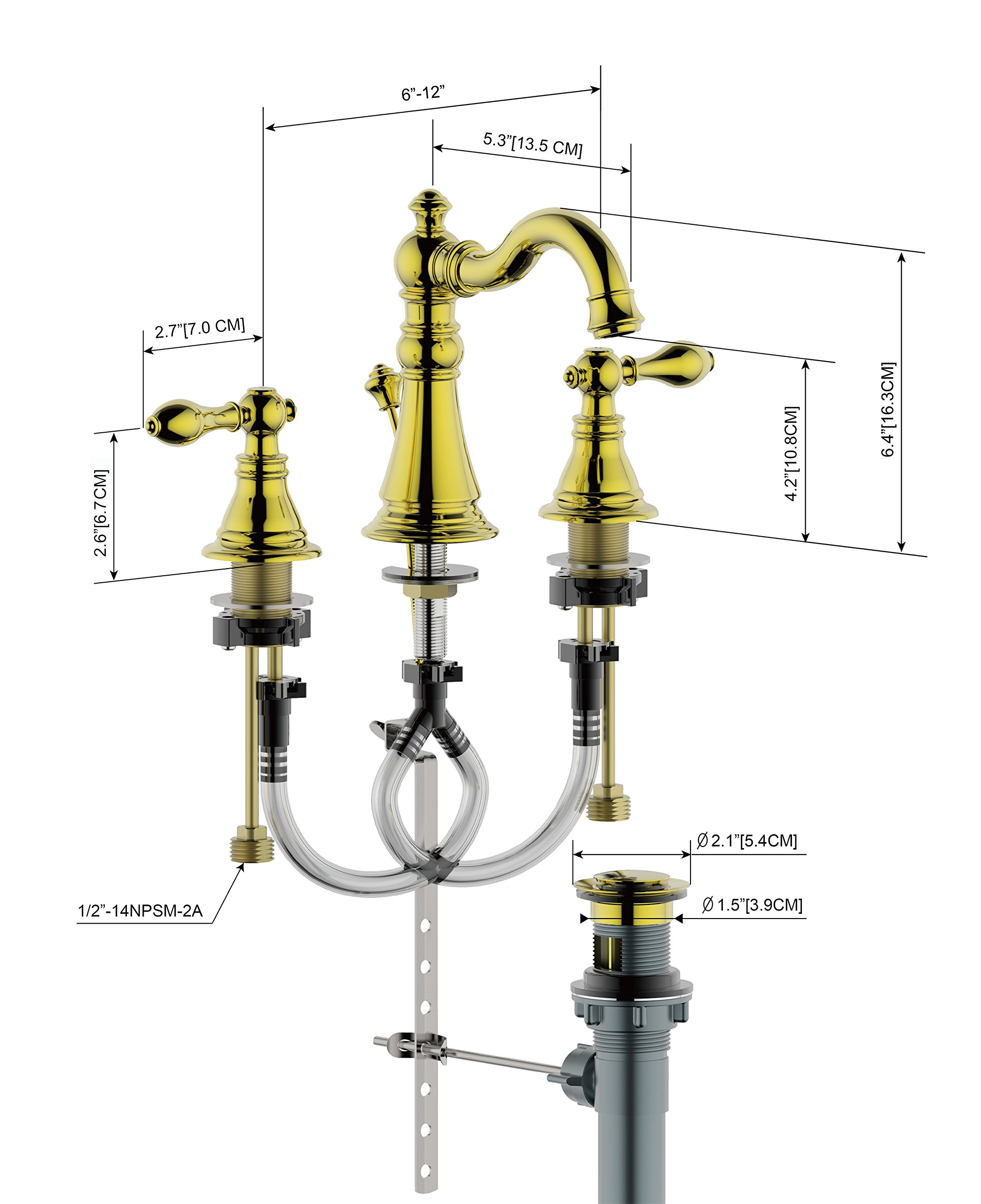 Derengge Gold Finish Bathroom Faucet 8 Inch Widespread Faucet Polished BrassTwo-Handle Sink Faucet 3 Hole with Brass Pop up Drain Assembly,Polished Brass F-8303-PB