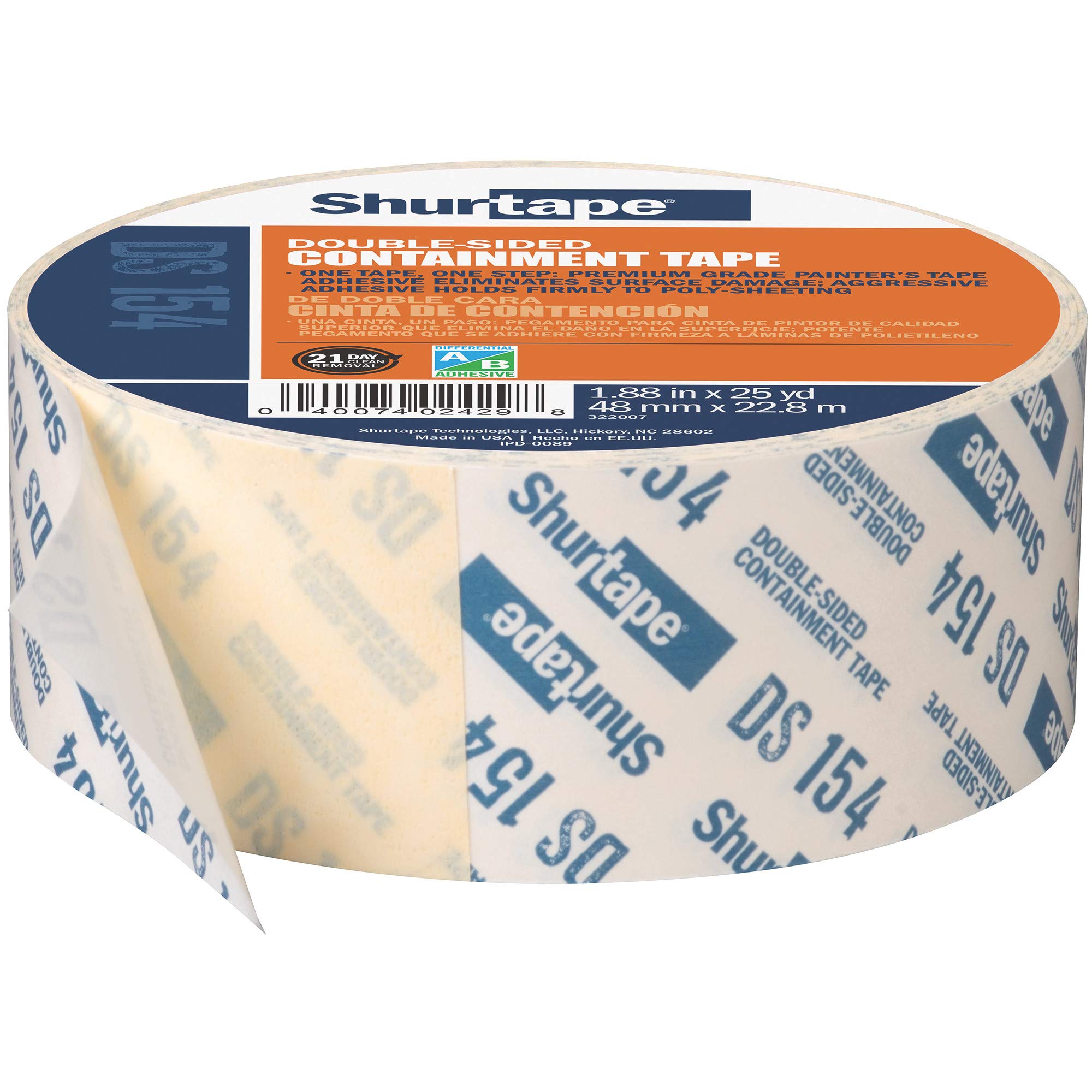 Shurtape DS 154 Double-Sided Containment Tape, Painter's Tape and Sticks to Plastic Sheets, For Painting and Remodeling, 48mm x 23 Meters, Natural, 1 Roll (104333)