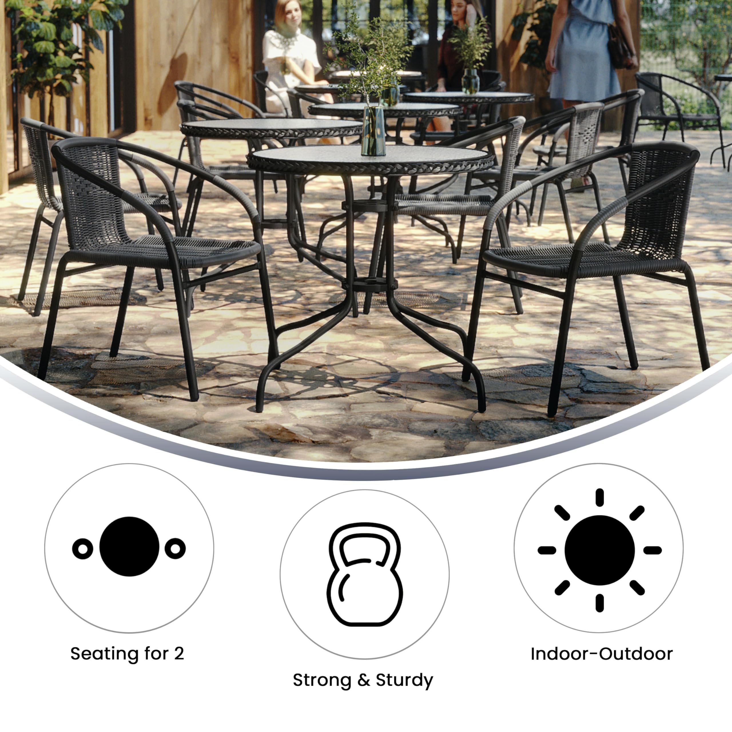 Flash Furniture 3-Piece Patio Dining Set with Round Glass Metal Table and 2 Stackable Rattan Chairs, Indoor/Outdoor Bistro Table and Chairs Set, Gray